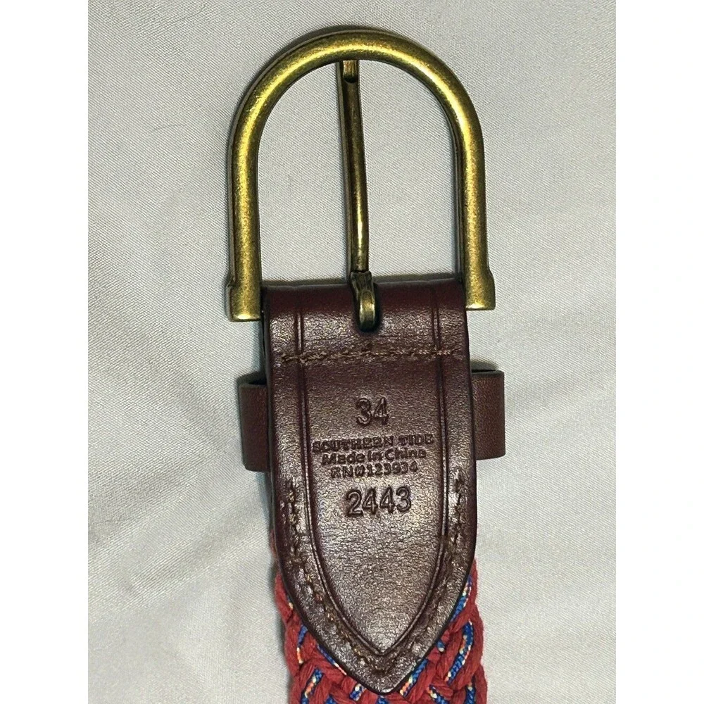 Southern Tide Braided Washed Men's Belt Charleston Red Leather Ends Sz 34